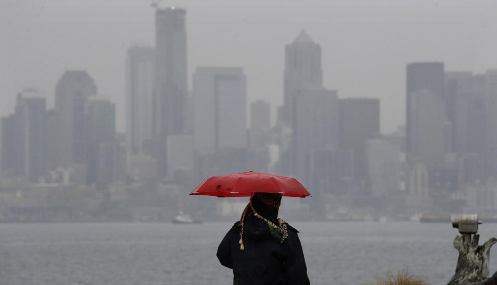 A person with an umbrella looks out to the Seattle skyline
