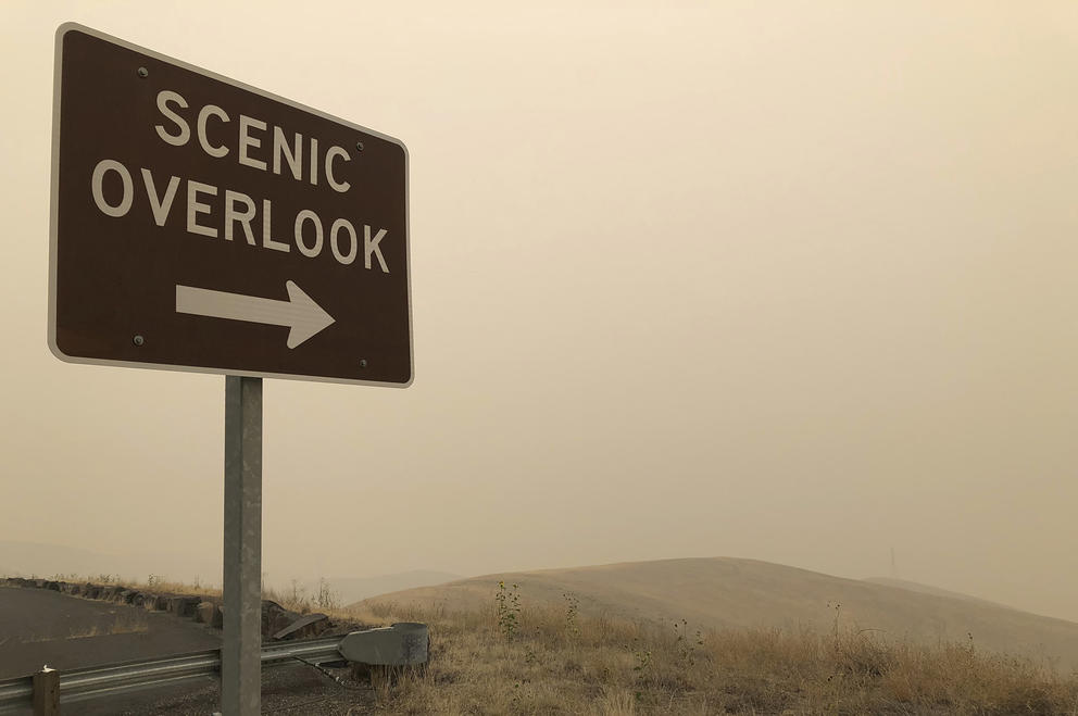 Sign that says 'Scenic Overlook' stands out against a smoky hillside