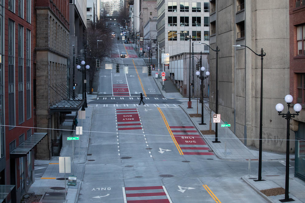 Empty downtown Seattle streets amid COVID-19 pandemic, March 18, 2020. (Matt M. McKnight/Crosscut)