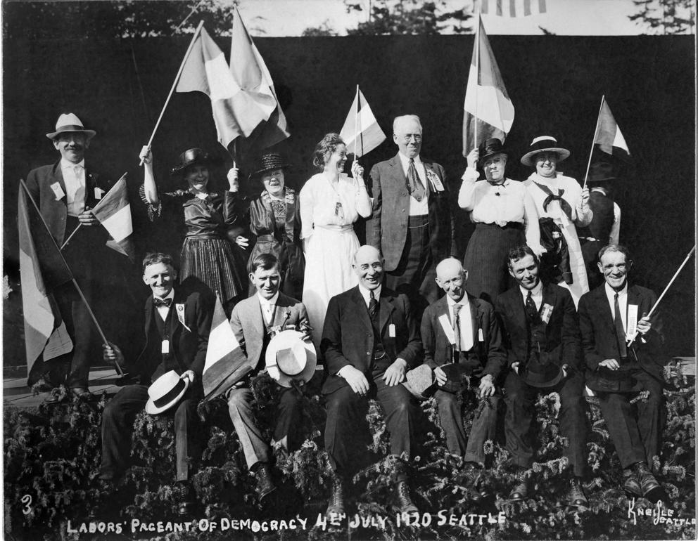 black and white photo of patriotic revelers 