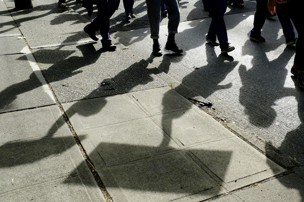 Shadows cast on a sidewalk as marchers holding signs walk by