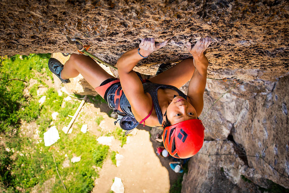 Melissa Utomo climbs a limestone face of Ten Sleep Canyon in Washakie County, Wyoming on July 6, 2019. (David Chu)