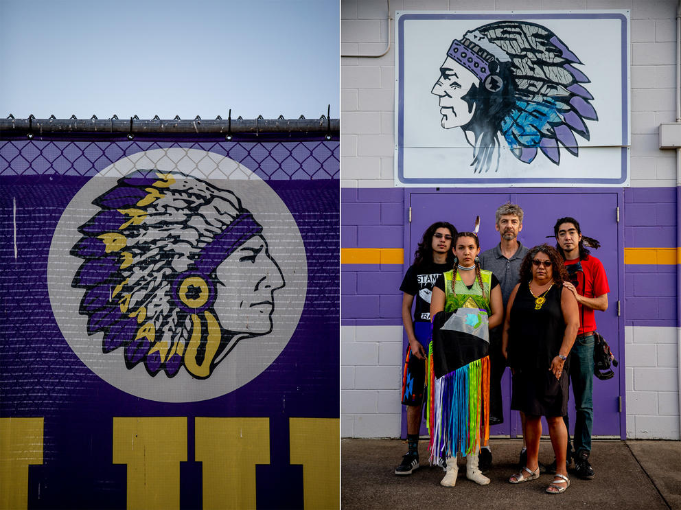 The McAllister family stands for a group photo underneath a Chieftans mascot sign