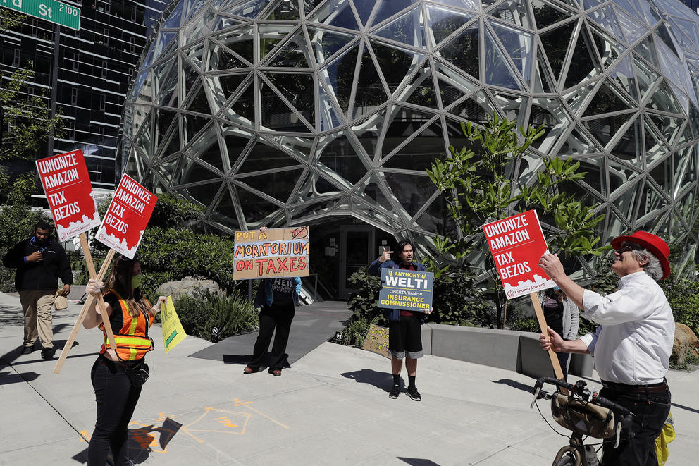 protesters outside Amazon Spheres