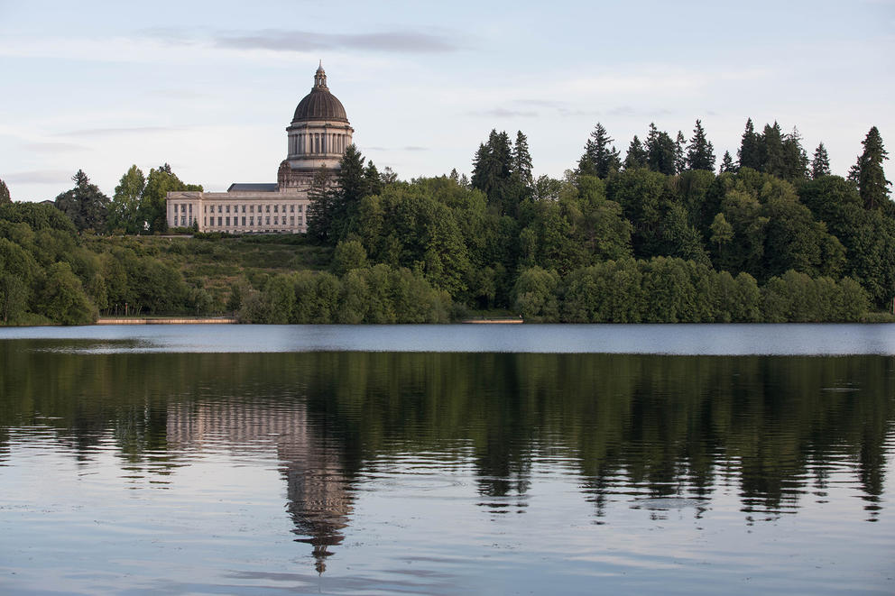 Capitol dome in Olympia reflected in nearby lake