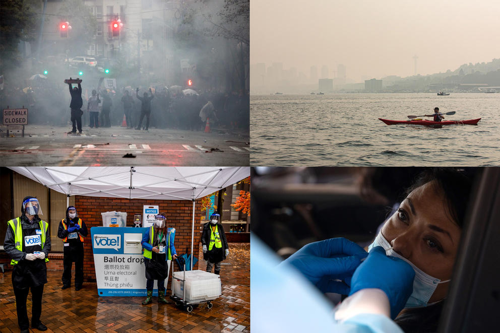 Four photos: Protesters amid tear gas, a person kayaking on a smoky day, a person getting a COVID test, and ballot box volunteers