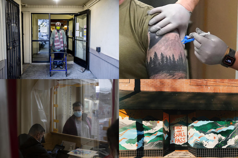 Four photos: A person walking out of a clinic, an arm getting a shot, a mural on a business storefront reading "This too shall pass," and a woman in a face mask making an appointment