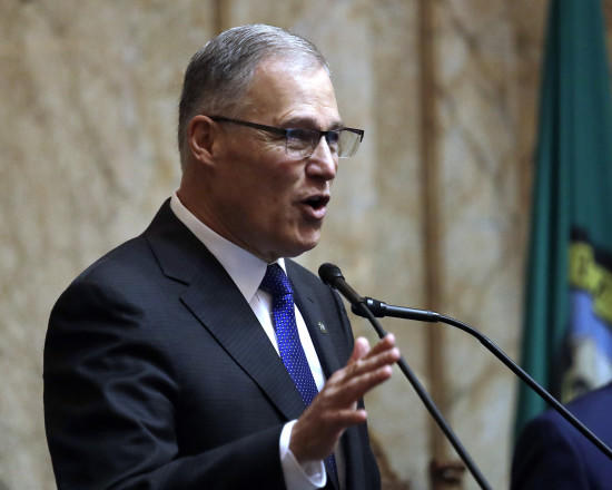 Gov. Jay Inslee speaks during his annual state of the state address before a joint legislative session on Jan. 9, 2018, in Olympia. (AP Photo/Elaine Thompson)