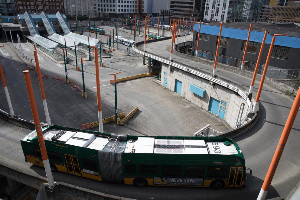 The expanded Washington State Convention Center overlooks the transit connections at the north end of the downtown transit tunnel. (Photo by Matt M. McKnight/Crosscut)