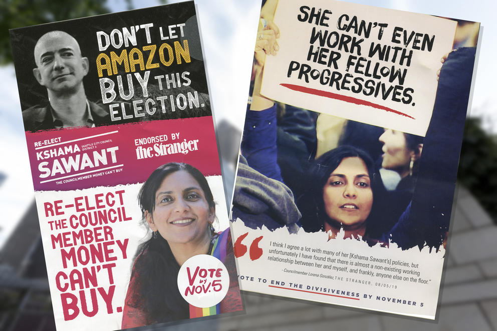 A photo illustration of campaign flyers for and against Kshama Sawant