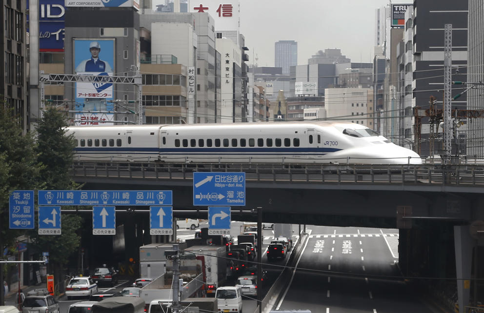 A high speed train travels across Japan