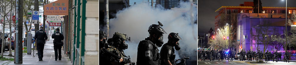 Three photos: Two police officers walking through Chinatown-International District, police wearing gas masks through a cloud of smoke, and police officers with bikes in front of Tacoma's city-county building