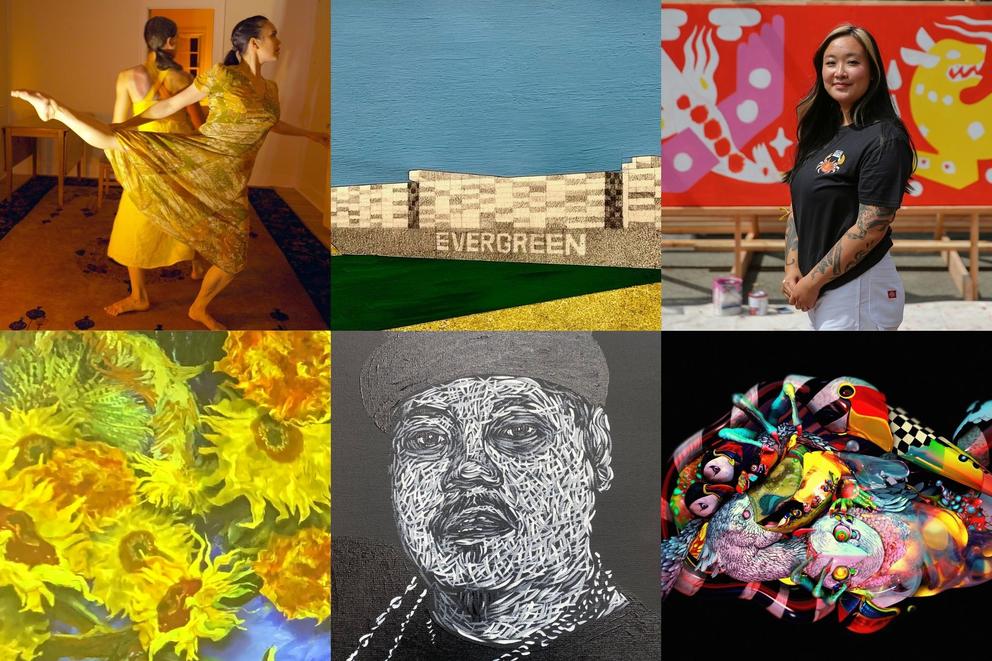 grid of six images, one featuring two dancers, one featuring sunflowers by Van Gogh projected on a screen, a portrait in black and white, a painting of the Ever Given ship, a photo of artist Steive Shao in front of a red backdrop, and a digital artwork on a black background, featuring futuristic birds and animals