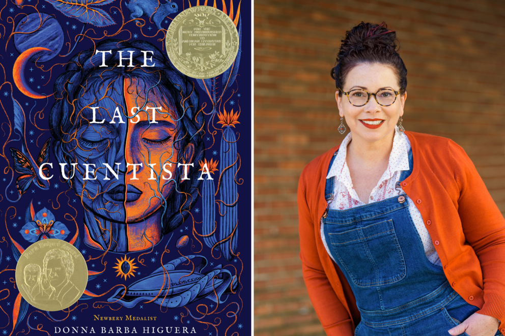 Left: book cover featuring orange and blue girl surrounded by moon, plants and two golden medals. right: author photo featuring a woman with dark brown-black hair, glasses and an orange sweater over blue overalls