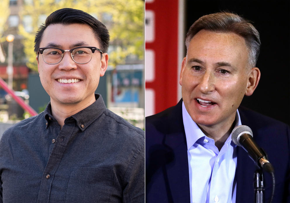 Joe Nguyen is shown smiling into the camera at left, Dow Constantine speaking into a mic at right