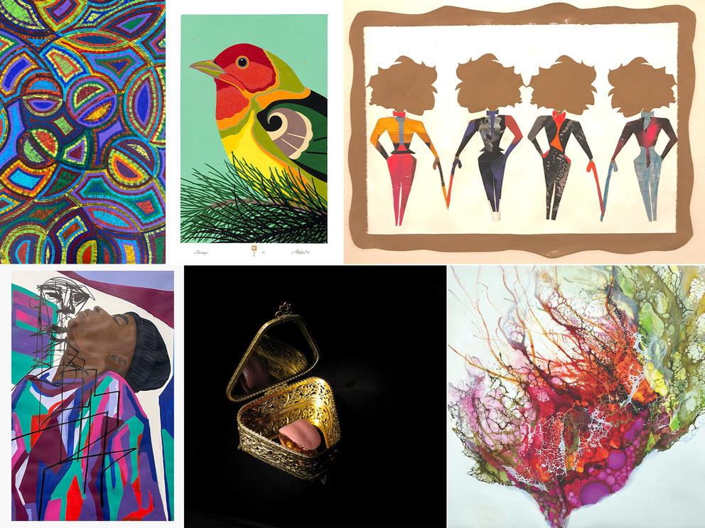 Collage of artworks: abstract round shapes, a colorful bird, a plastic tongue in antique box, four golden abstracted figures and a person in a colorful sweater