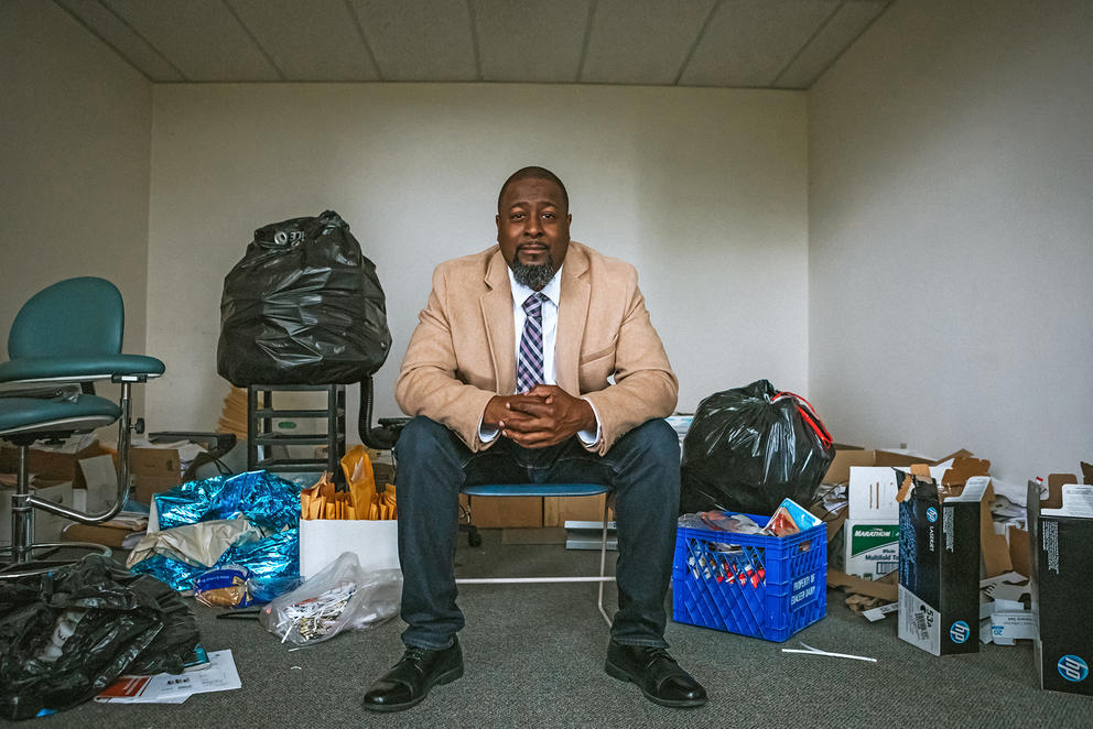 Drayton Jackson, executive director of the Foundation for Homeless and Poverty Management, sits in his office space.