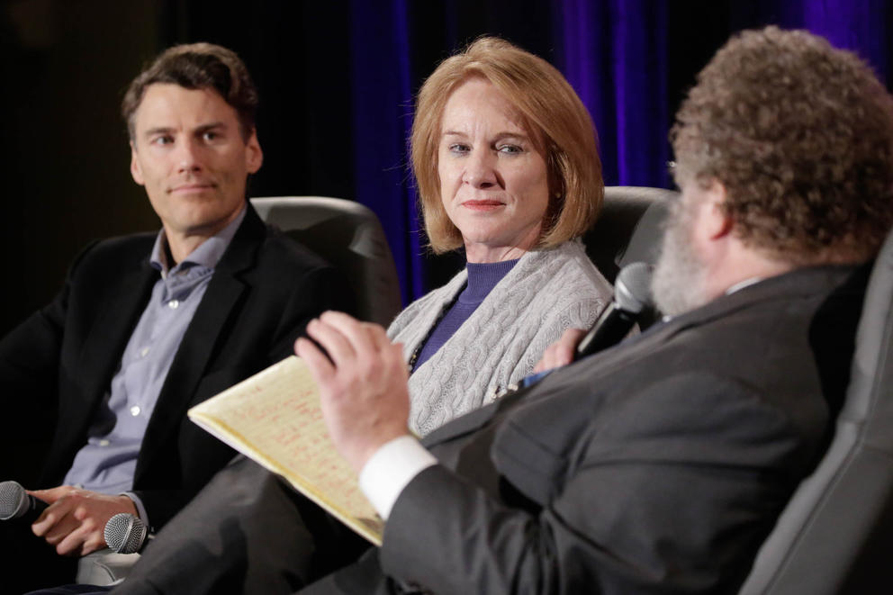 Gregor Robertson, the mayor of Vancouver, British Columbia, and Seattle Mayor Jenny Durkan were interviewed at the Crosscut Festival in February 2018. 