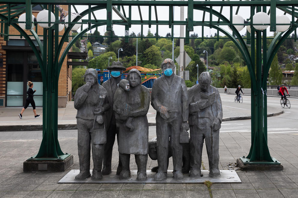 sculpture covered in facemasks in Fremont neighborhood