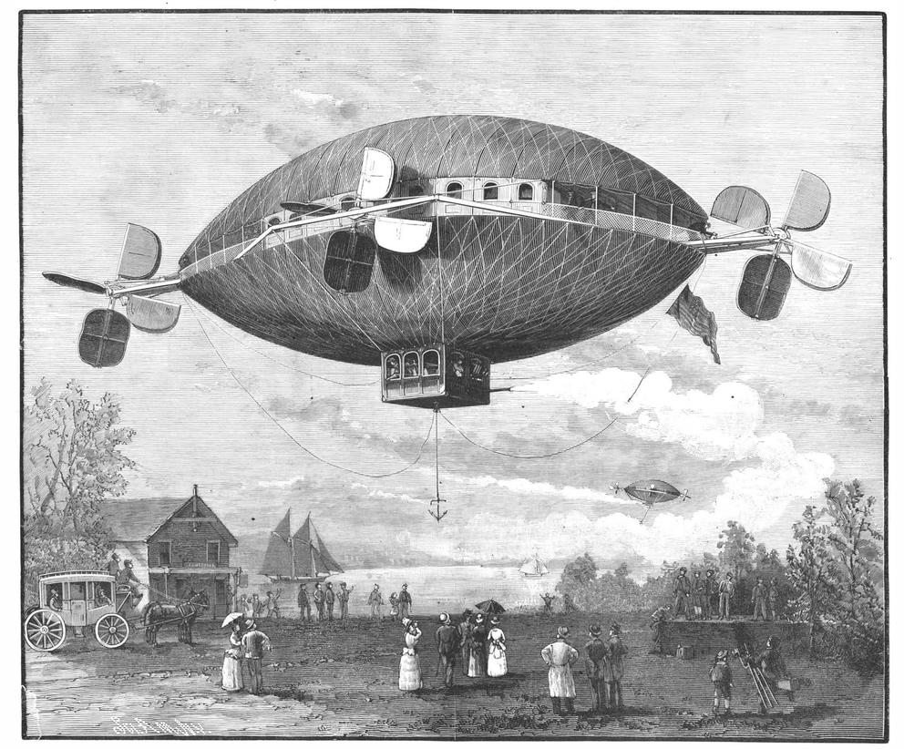 black and white illustration of a dirigible