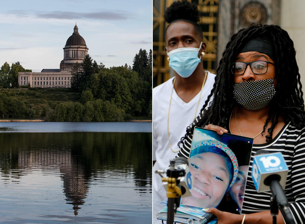 a composite image of the olympia state house next to an image of the family of mah'kia bryant