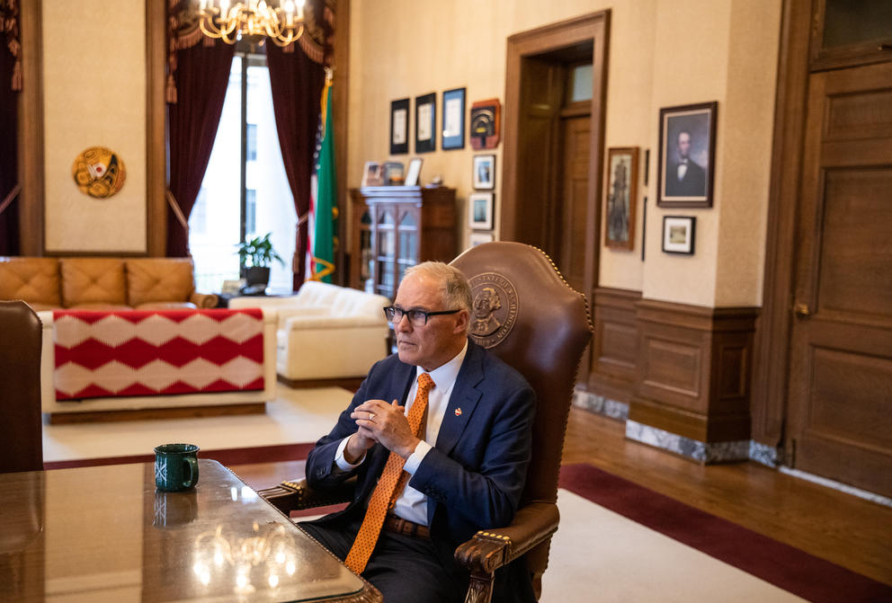 A picture of Gov. Jay Inslee in his office at the Capitol building in Olympia.