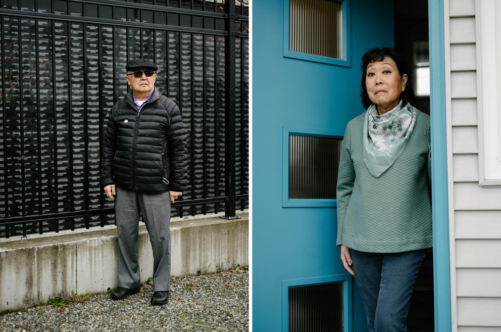 Left: Atsushi Kiuchi poses for a portrait in front of the NVC Foundation Japanese American Memorial Wall. Right: Eileen Yamada Lamphere poses for a portrait outside her home in Kent. 