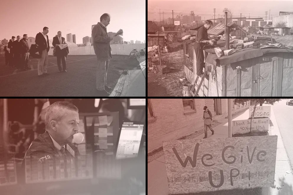 Four photos: A group of bond traders, a man repairing a shack's roof in Hooverville, a plywood sign reading "We give up!" and a man blowing a bubblegum.