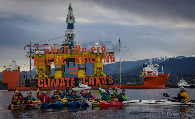 Kayaktivists from the sHellNo! Action Council greeted Shell's Arctic Destroyer in the Port Angeles in 2015. 