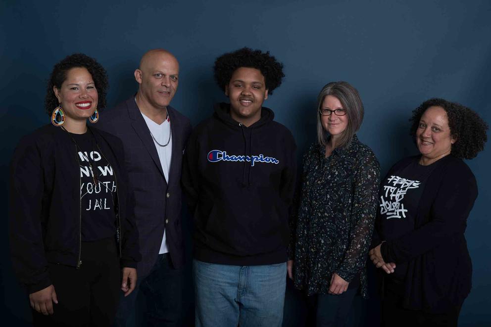Among the five Crosscut Courage Awards winners is Creative Justice, an organization recognized in the Courage in Culture category. From left to right: Nikkita Oliver, Aaron Counts, Kardea Buss, Jordan Howland, and Heidi Jackson of Creative Justice. (Photo by Matt M. McKnight/Crosscut)