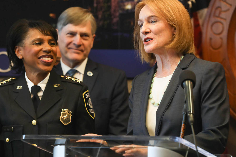 Chief of Police Carmen Best and Mayor Durkan, with City Attorney Pete Holmes