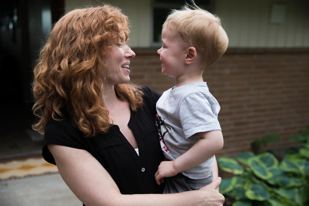 Claire Bellefleur holds her 3-year-old son, Lowell.