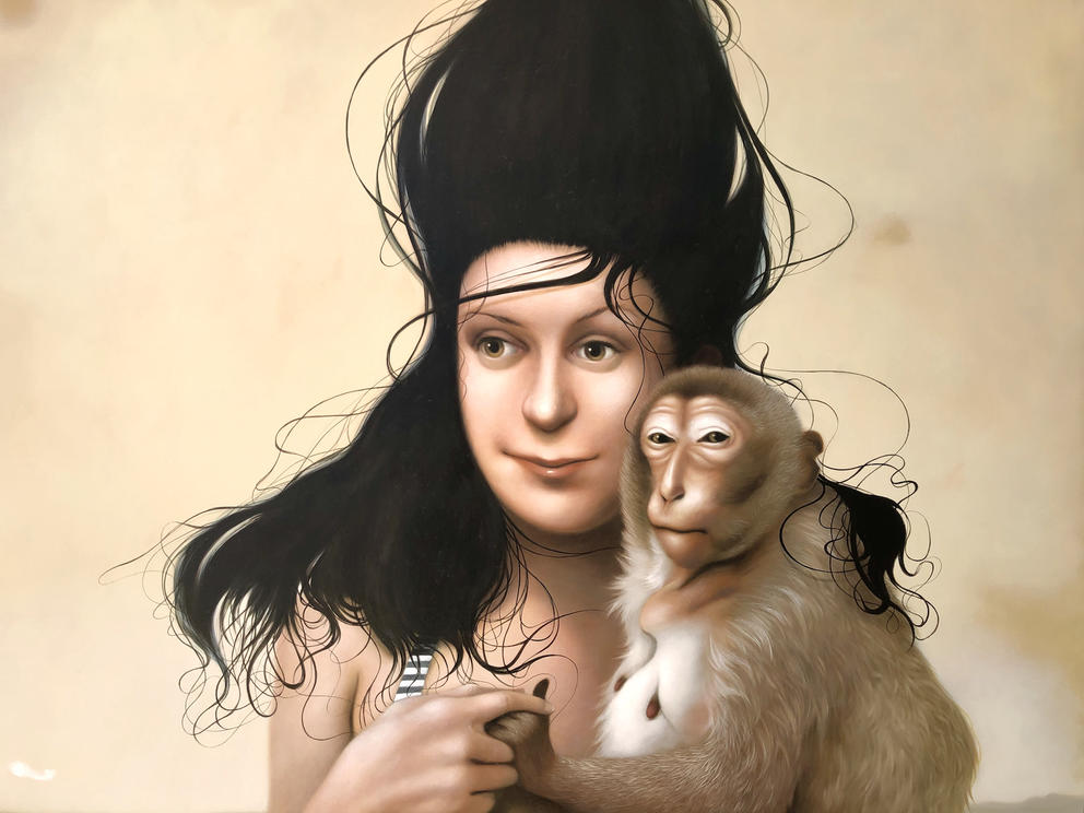 Monkey Hair (detail) by Francesca Sundsten, painting of woman with tall hair holding a monkey
