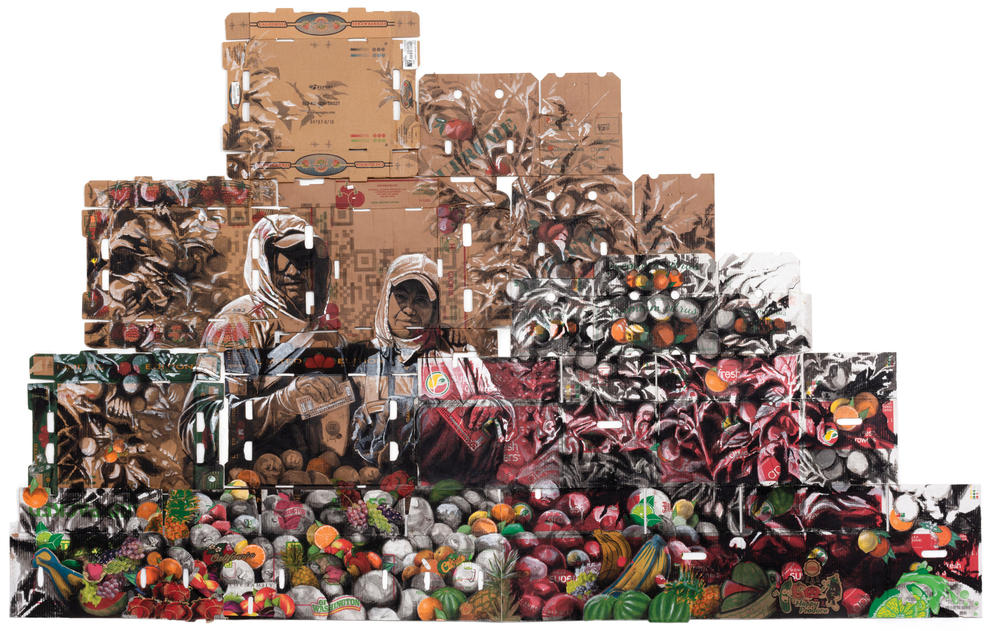 An artwork of two farmworkers posing with piles of produce around them
