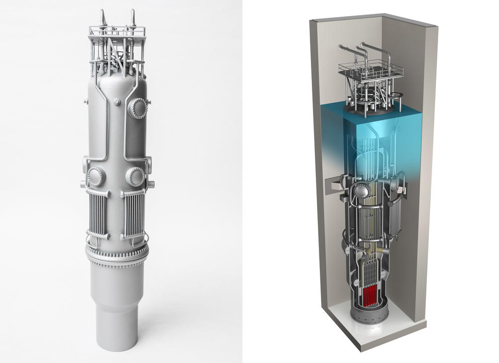 Two images: On left, a small nuclear reactor. On right, cross section of the reactor's parts