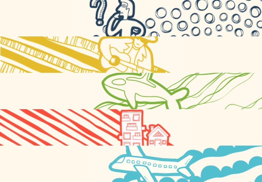 Illustrations, clockwise from upper left: an orca, guitar player, city buildings, man with question marks