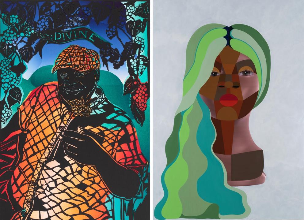 Side by side of two artworks, one features a collage of paper cut dark paper, seemingly lit from behind with orange and blue. On the right, a digital collage featuring a Black woman with wavy green hair that is painted.