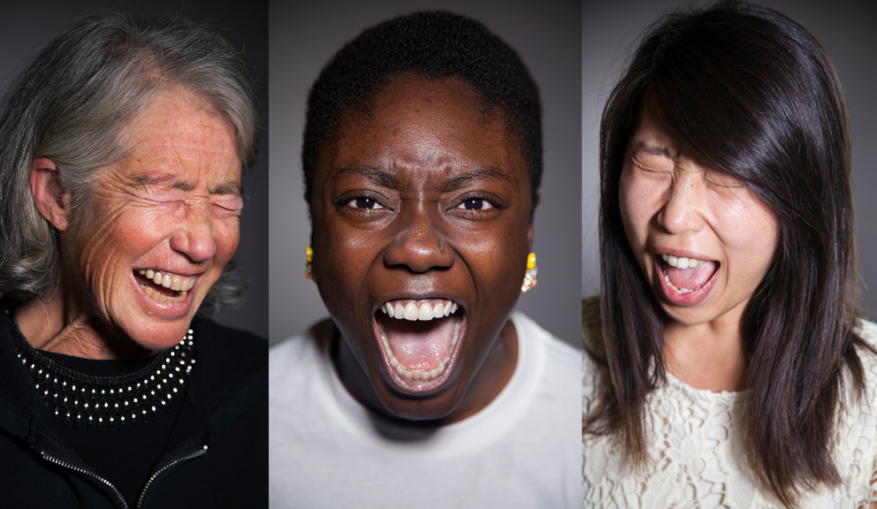 three side by side close-up photos of different women screaming