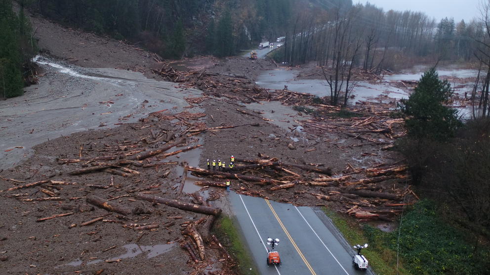A landslide's debris over a road