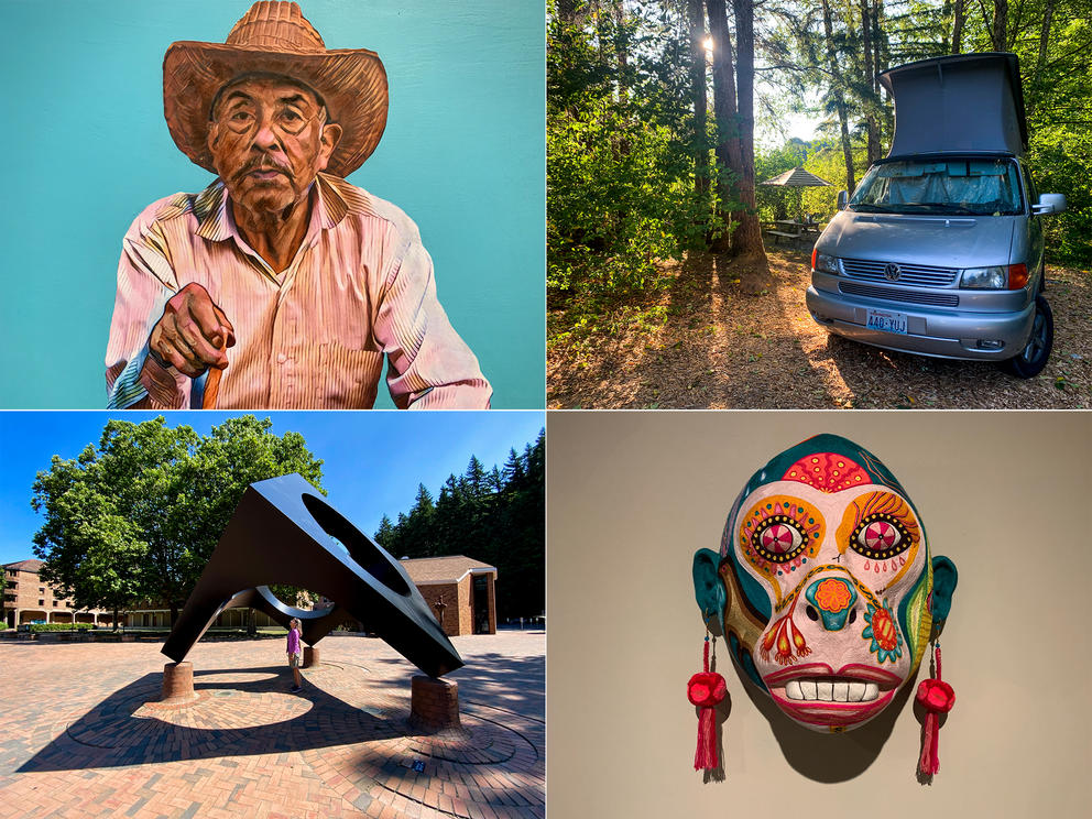 a grid of images: a painting, a mask, a sculpture a camper van