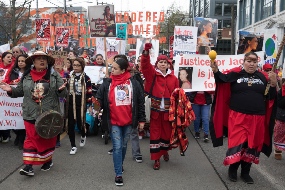 A contingent of women representing the group, Murdered and Missing Indigenous Women, leads the Seattle Women’s March 2.0 in Seattle, Jan. 20, 2018.