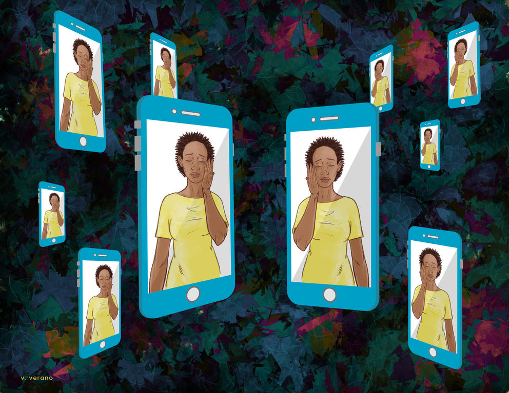 Illustration of cellphone screens picturing a crying woman