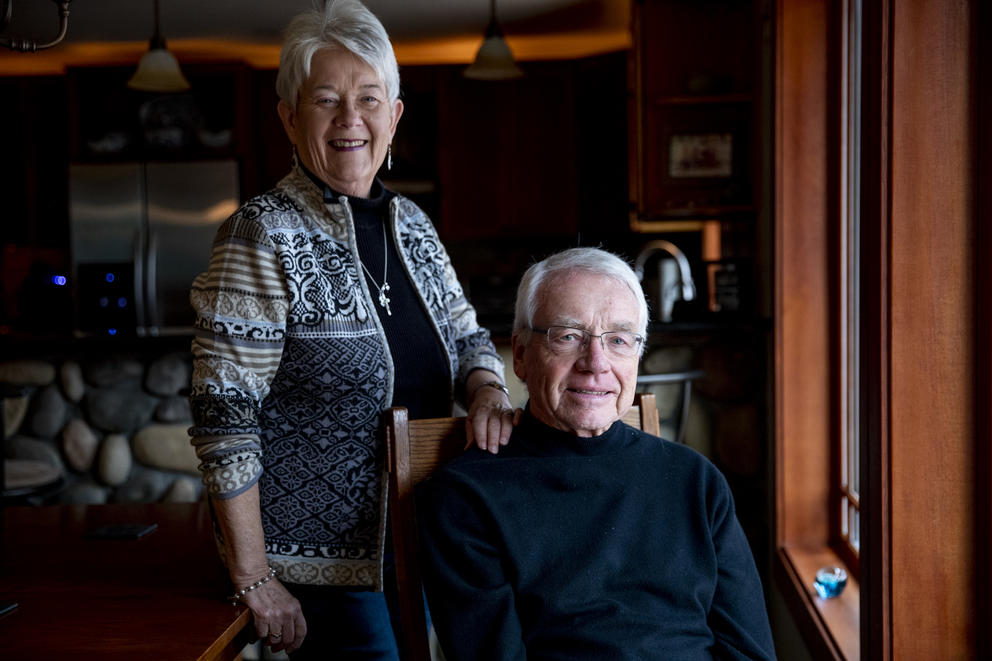 Stan and Mary Morgan stand in their home in Plain, Washington.