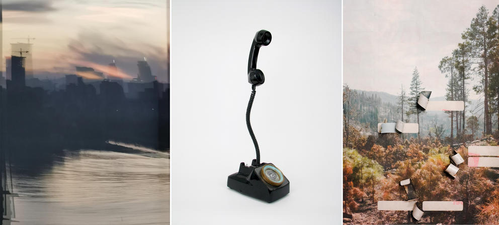 Three vertical images: one photo featuring a sunset, the middle one showing an artwork with a rotary telephone, a third on the right showing a nature collage