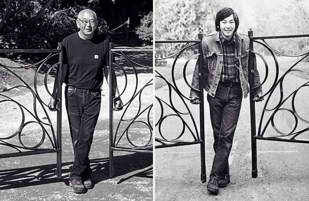 side by side black and white photos of a man standing between gates as an older man and a young man