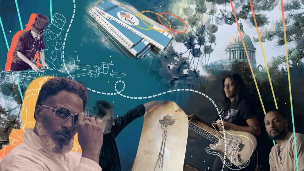 A collage of images from 2022 stories, including a Steinbrueck file of the Space Needle, the state Capitol, ballots and Ishmael Butler of Digable Planets.