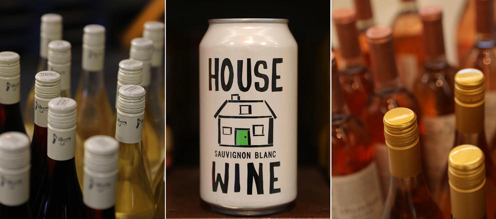 Photos of wine bottles with screwcap closures and cans of wine