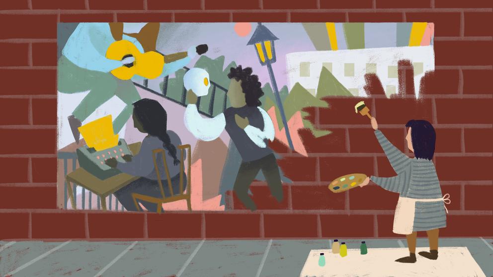 An illustration of an artist painting a mural featuring a guitarist, writer and actor