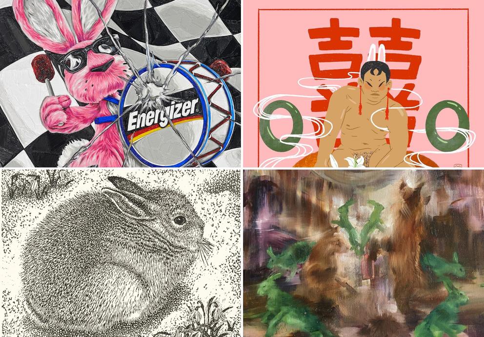 a windowpane of four images, all of different artworks featuring rabbits