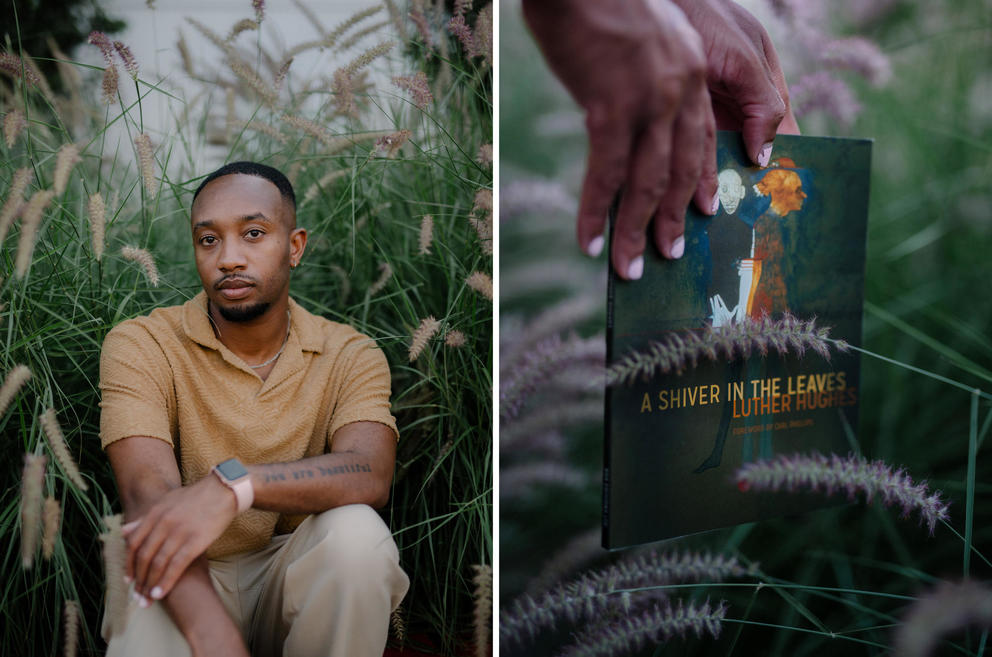 Poet Luther Hughes kneeling in grass; cover of a book